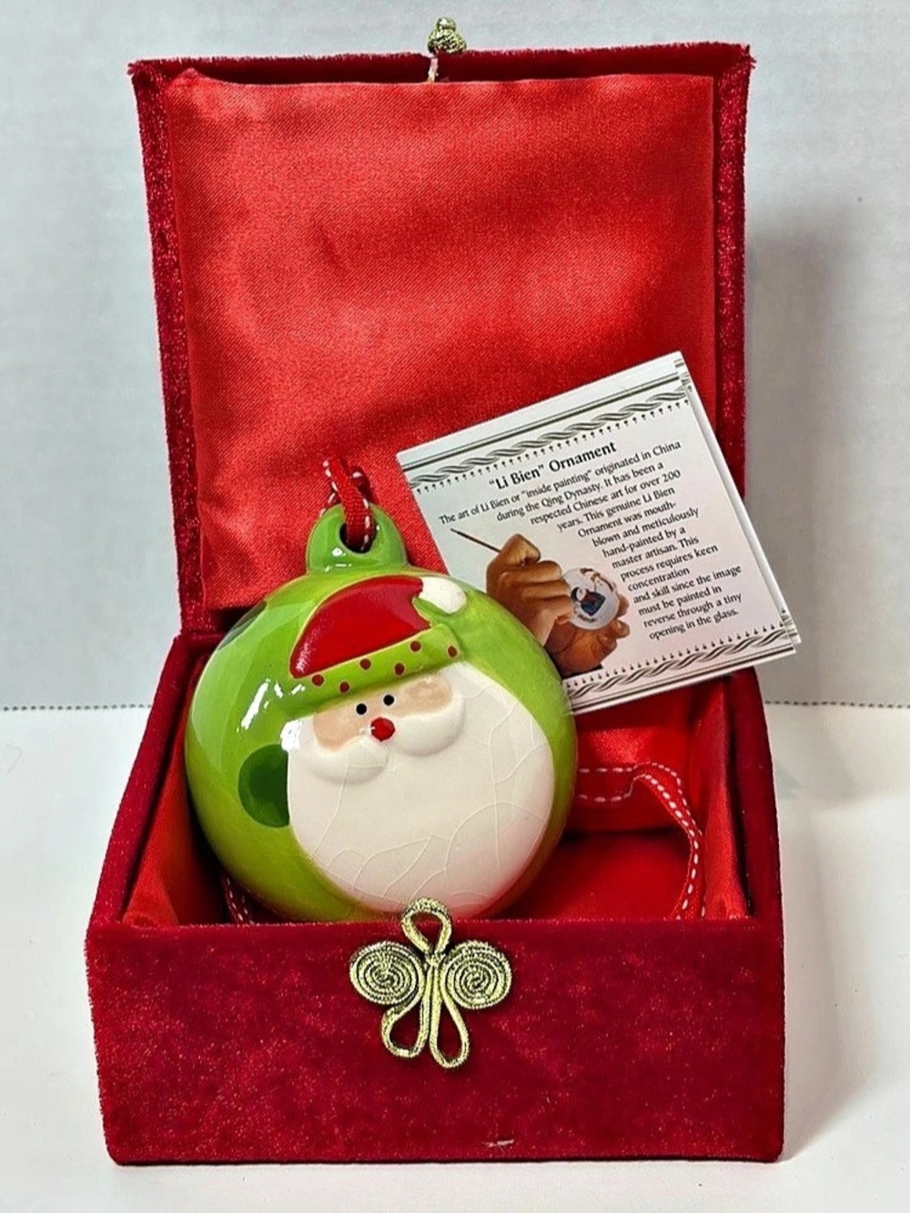 Li Bien Pier 1 Santa Round Ornament Reverse Painted Blown Art Glass Green 2010s